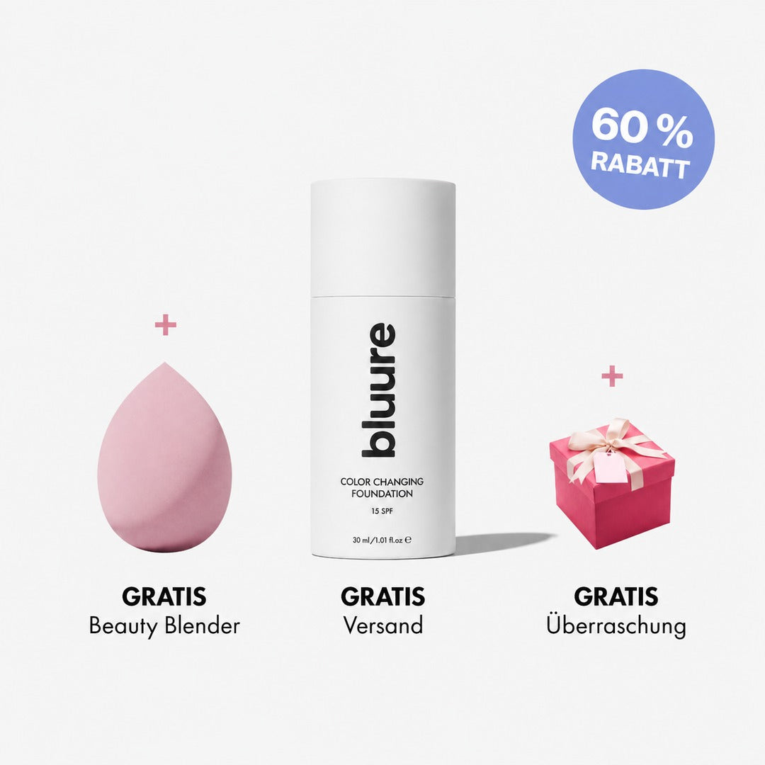 Ein Werbebild für die Bluure-Foundation mit der Flasche, einem Beauty-Blender und einer kleinen Geschenkbox.
