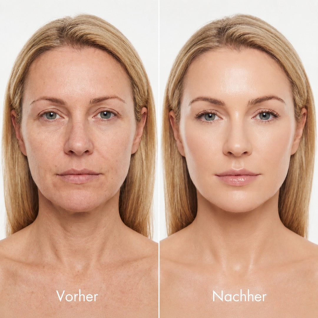 Vorher-Nachher-Bild einer Frau, die mit der Bluure-Foundation jünger aussieht